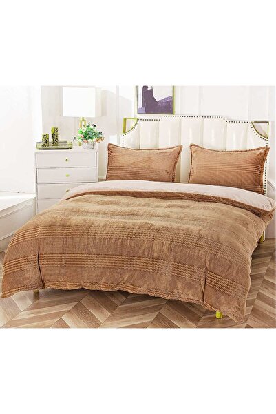 trendyhome Double Bed Linen Set, Plush Cocolino, 4 Pieces, Light Brown