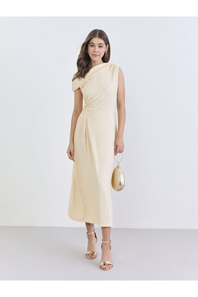 Styli Women Beige One-Shoulder Pleated Midi Dress