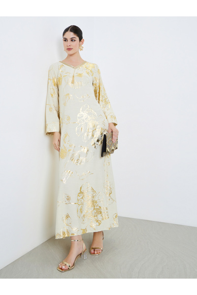 Styli Women Beige Floral Print Tassel Detail Jalabiya