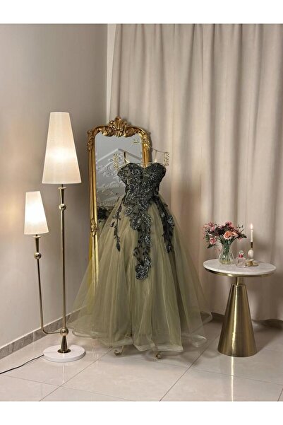 vanus fashion 6433-فستان سهرة زيتي بتطريز فاخر ولمسة رومانسية