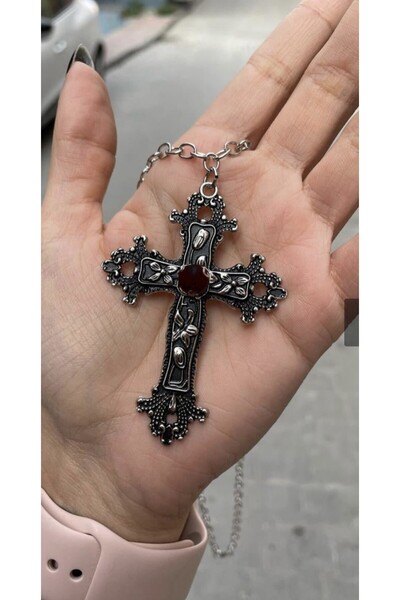 harmony factory Silver Anime Misa Haç Siyah Taş Detaylı Kolye