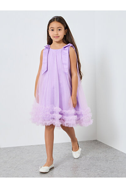 Take Two By Styli فستان حفلات شبكي بحافة مكشكشة وربطة عنق للبنات