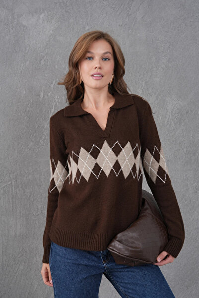 CARLA MARA Women's Polo Neck Patterned Half Placket Knitwear Sweater