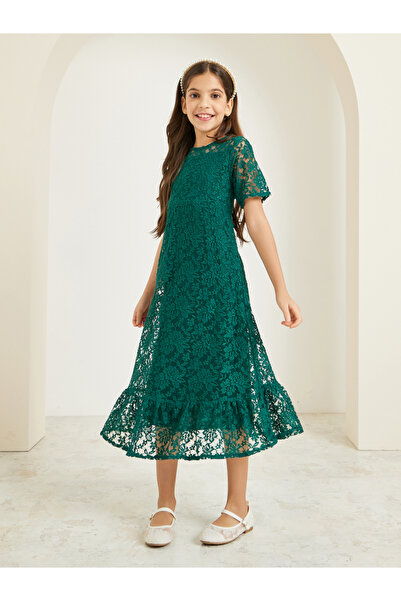 Styli Girls Green Lace A-Line Midi Dress