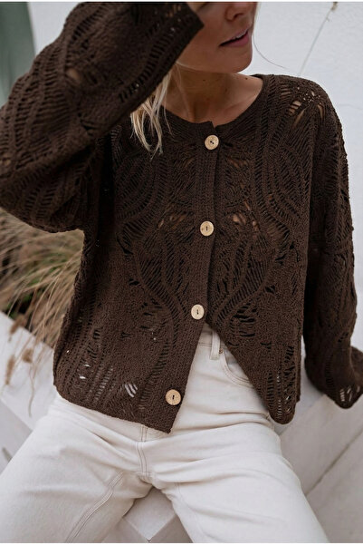 FEMELLE Cardigan din tricotaj cu dantelă și nasturi din lemn maro pentru femei