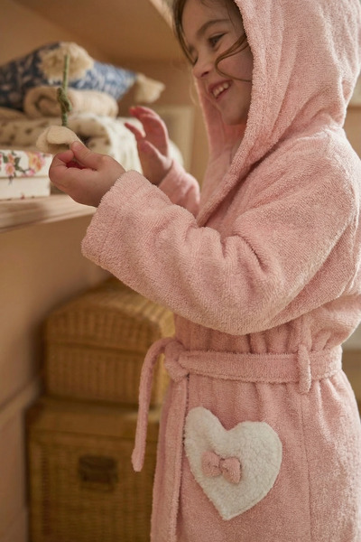 EAST&HIERA Kız Çocuk Bornozu Kapüşonlu Pamuklu ,Fiyonk Figürlü, Krem (1-14 Yaş)