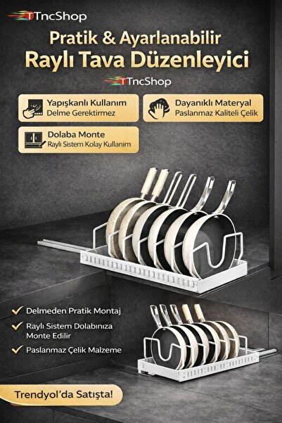 TncPatiShop Yapışkanlı Raylı Tabak & Tava Düzenleyici – Beyaz Tezgah Üstü Mut...
