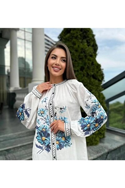 Sosyete Kaplumbağa Floral Pattern Cross-Stitch Embroidered, Buttoned Long Bal...