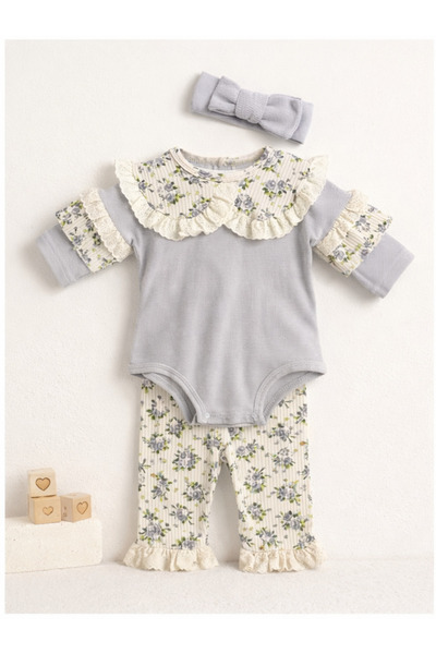 Luna Çiçek Baskılı Kız Bebek 3 lü Takım