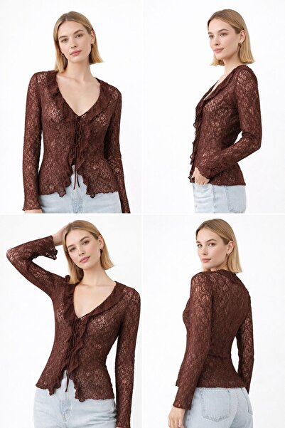 Paw Garage Women's Sura Knitted Lace Shawl Collar Tie-Up Blouse