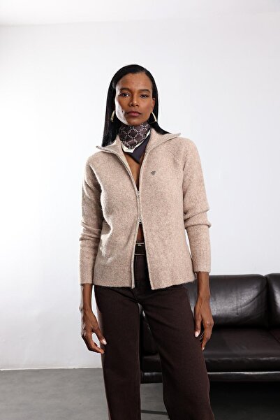 5in1Canpolat Beige Wool Blend Mock Neck Cardigan 251108