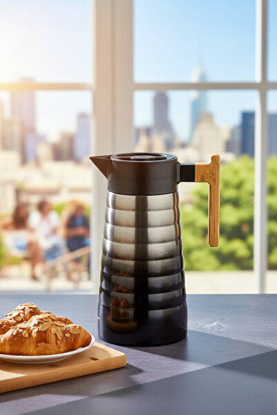 Elista ترمس فولاذي سعة 2 لتر بمقبض من الخيزران باللون الأسود والرمادي