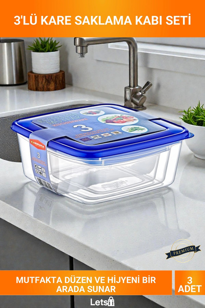 Letsii 3-Piece Square Size Transparent Body Blue Lid Leak-Proof Air-Proof Pla...