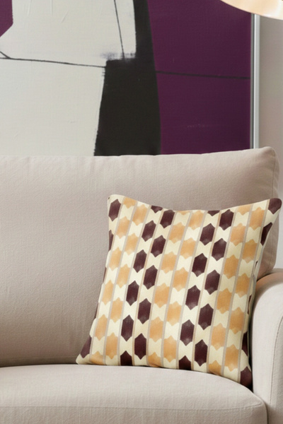 ÖZENEV Geometric Patterned Velvet Decorative Throw Pillow Cover-Cream