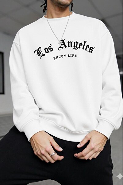 NO 601 Men's White Crew Neck Los Angeles Enjoy Printed Crew Neck Sweatshirt