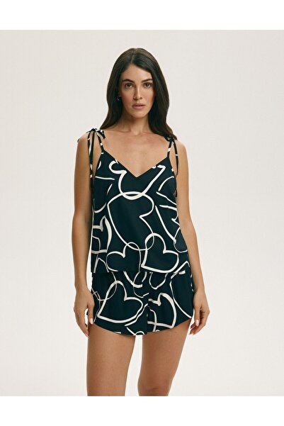 ESOTIQ Women's Pajama Set Cami Top & Shorts Heart Pattern 100% Viscose Tie-St...