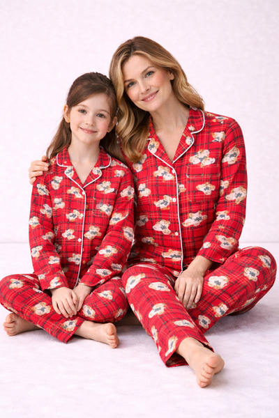 Free Beka Red Plaid and Teddy Bear Patterned Long Sleeve Buttoned Front Shirt Collar Mother-Daughter Pajama Set Combination