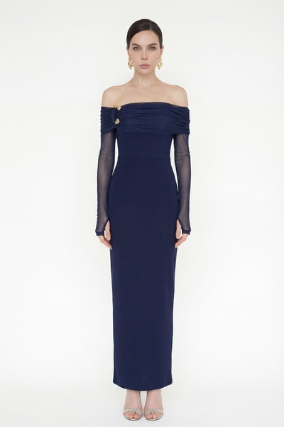 Lafaba Women's Navy Blue Collar Accessory Detail Maxi Stylish Dress