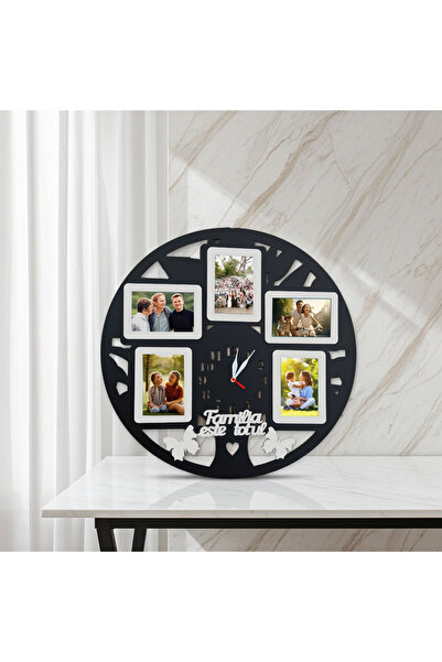 damoro Wall clock with 5 photo frames, Family is everything, Wood, Black/Natural