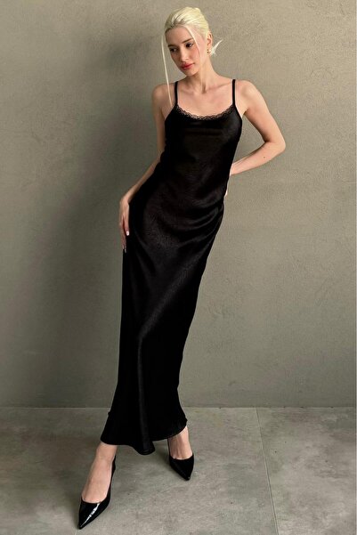 Madmext Μαύρο ρυθμιζόμενο λουράκι με δαντέλα λεπτομερές γυναικείο σατέν φόρεμ...