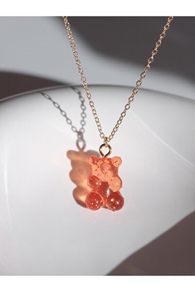 Reorah Collection Glitter Teddy Bear Necklace - Orange Color