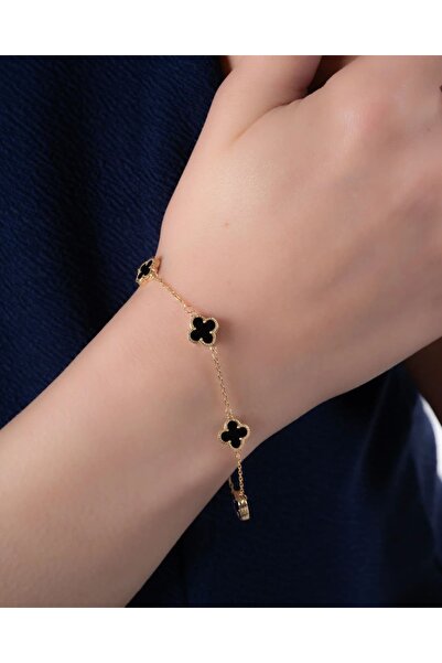 YCL JEWELLERY 8 Ayar Altın 5’li Siyah Yonca Bileklik