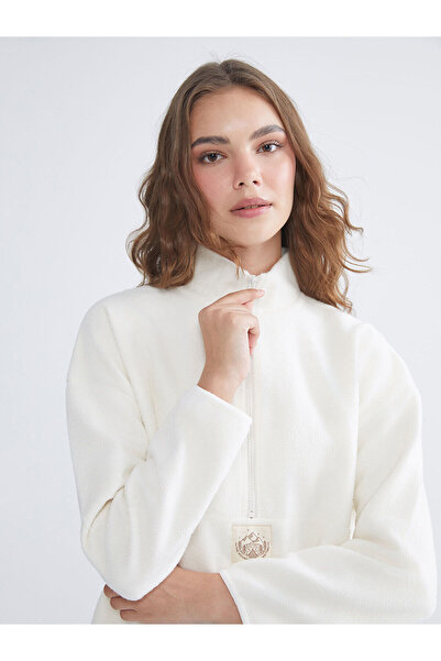 LC Waikiki Lcw Modest Beige Mock Neck Embroidered Fleece Women's Sweatshirt T...