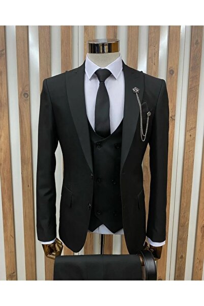 Ayber Men's Collection بدلة رياضية رجالية ضيقة ذات صدرية_أسود