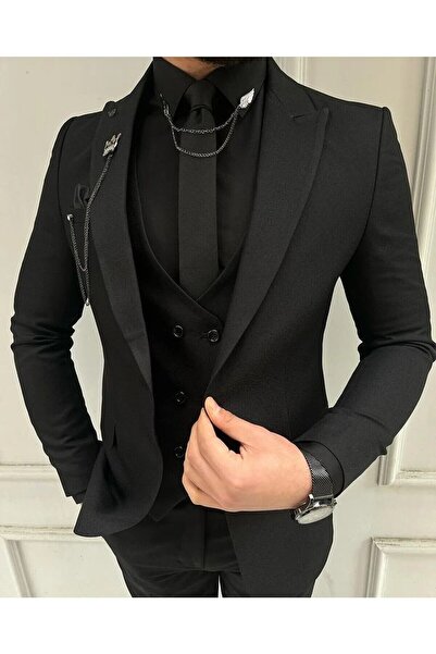 Ayber Men's Collection بدلة رياضية رجالية ضيقة ذات صدرية_أسود