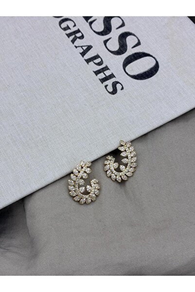 Hedef Bijuteri Gold Color Zircon Stone Laurel Leaf Ivy Model Earrings Cm93