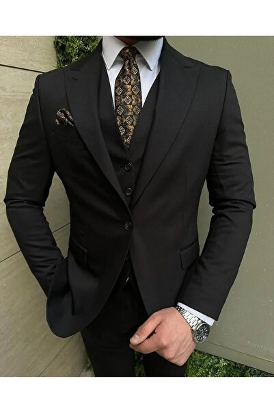 Ayber Men's Collection بدلة رياضية رجالية ضيقة ذات صدرية_أسود