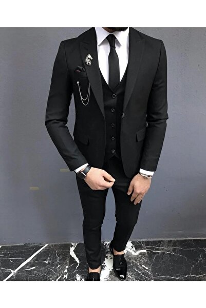 Ayber Men's Collection بدلة رياضية رجالية ضيقة ذات صدرية_أسود