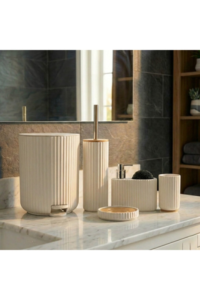 Vadi Modern Cream Striped Bathroom Accessory Set 5 Pieces