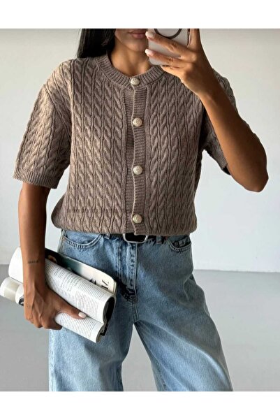 EKİN DEMİR Short Sleeve Hair Knit Model Crew Neck Cardigan