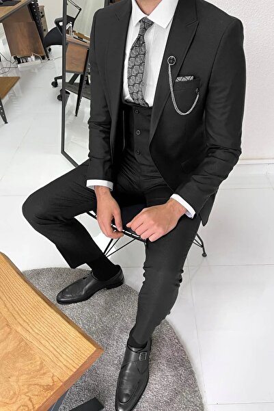 Ayber Men's Collection بدلة رياضية رجالية ضيقة ذات صدرية_أسود