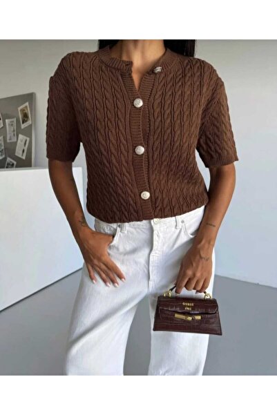 EKİN DEMİR Short Sleeve Hair Knit Model Crew Neck Cardigan