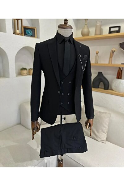 Ayber Men's Collection بدلة رياضية رجالية ضيقة ذات صدرية_أسود