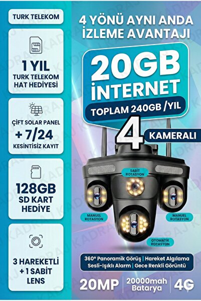 Kadraj Sim Kartlı Kamera- 4 Kamera - 240GB TURK TELEKOM Yıllık Sim Kart Dahil...