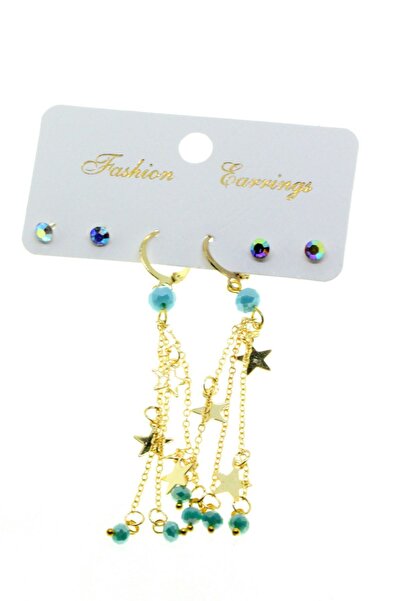 NKIE JEWELS Gold Color Star Tassel Combination Turquoise Bead Earrings - 2833