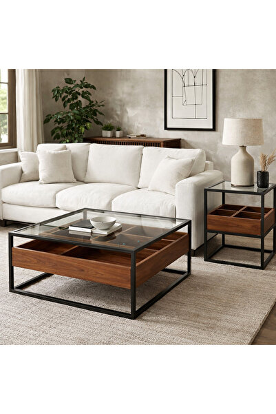 Vi Markets طقم طاولة عصري يجمع بين الزجاج الشفاف والخشب الدافئ وإطار معدني متين