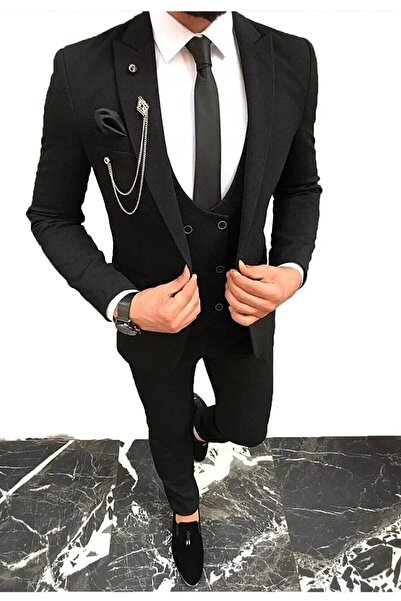 Ayber Men's Collection بدلة رياضية رجالية ضيقة ذات صدرية_أسود