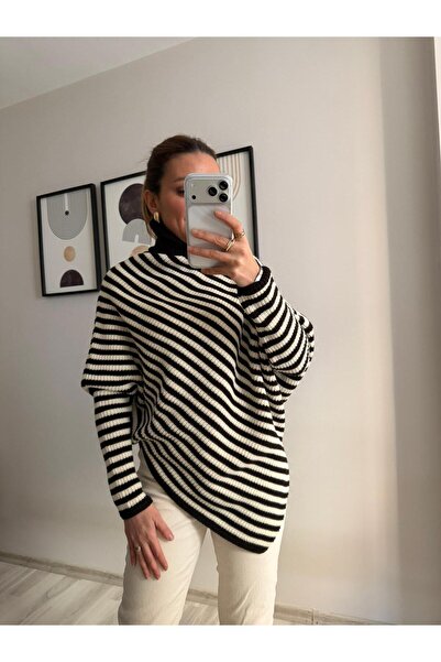 TB Butik Coffee-Ecru Striped, Turtleneck Batwing Sleeve Knit Poncho Sweater