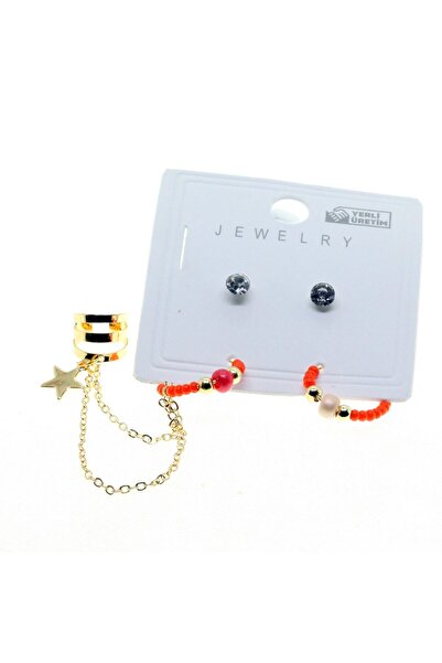 NKIE JEWELS Gold Color Round Cartilage Combination Orange Bead Earrings - 2848