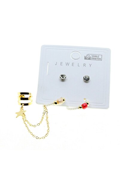 NKIE JEWELS Gold Color Round Cartilage Combination White Bead Earrings - 2849