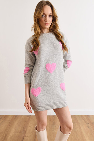 Olalook Women's Gray Heart Detailed Soft Textured Knitwear Tunic Dress Elb-19...