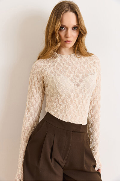 Olalook Women's Ecru Transparent Stretch Fabric Lace Blouse Blz-19003200