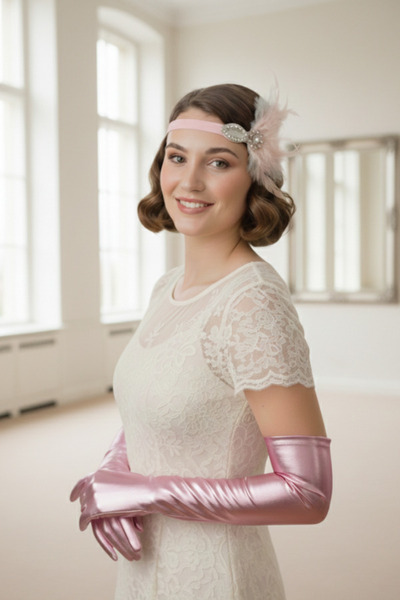 shop Pink Long Gloves and Feathered Headpiece Set - Vintage Gatsby Style Hair...