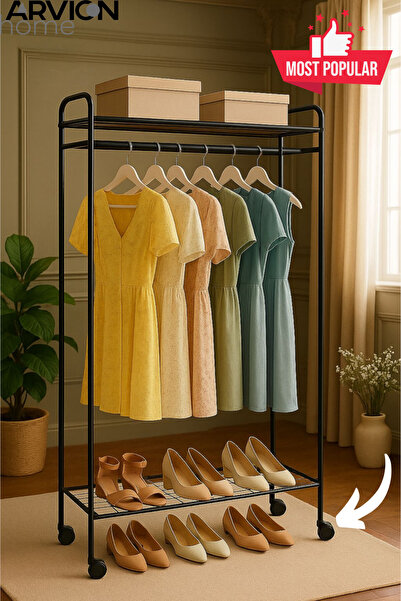 ARVİONHOME Tekerlekli Elbise Askılığı Raflı Ve Taşınabilir Kıyafet Düzenleyic...
