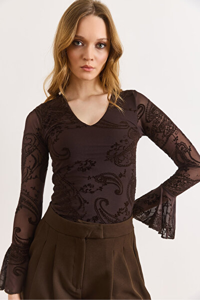 Olalook Women's Brown Lined V-Neck Spanish Sleeve Blouse Blz-19003202