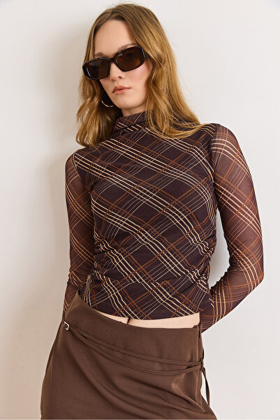 Olalook Women's Brown Plaid Lined Mock Neck Blouse Blz-19003197